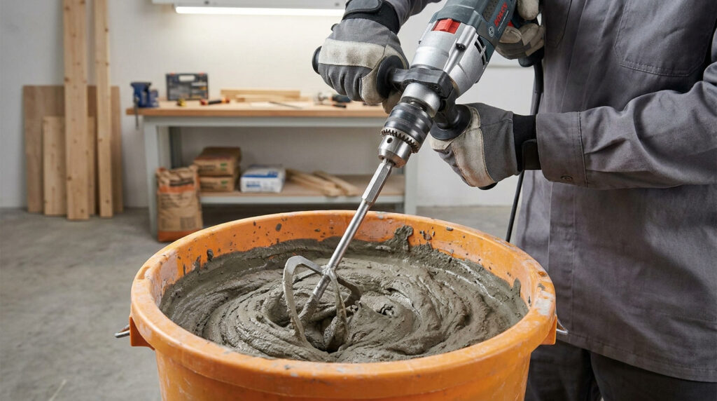 Un artisan utilisant une perceuse équipée d'un mélangeur pour malaxer du mortier dans un grand seau orange.