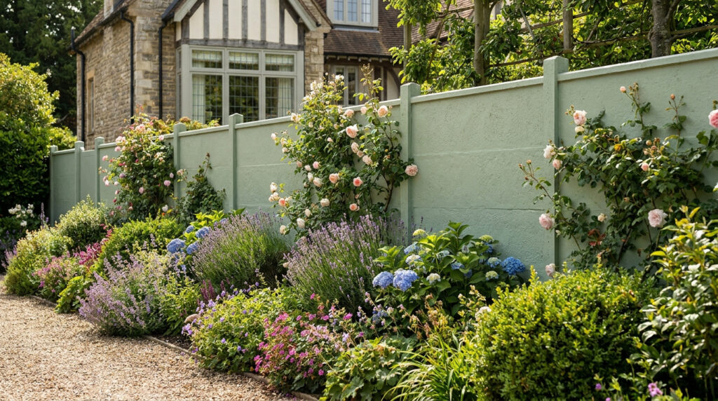 Clôture de jardin peinte en vert sauge entourée de rosiers, d'hortensias et de lavande devant une maison en pierre.