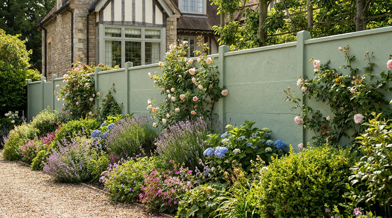 Clôture de jardin peinte en vert sauge entourée de rosiers, d'hortensias et de lavande devant une maison en pierre.