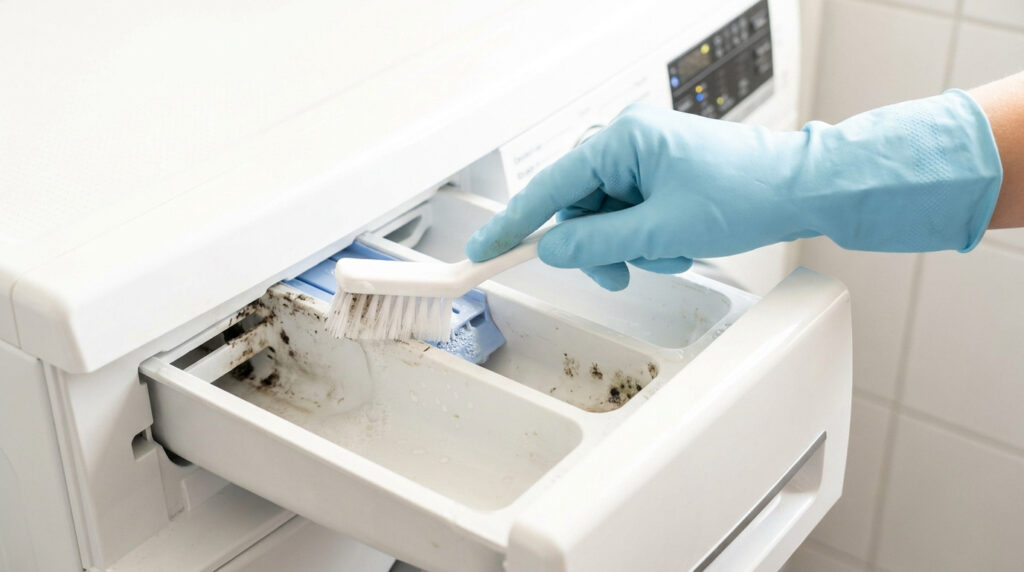 Main gantée utilisant une brosse pour nettoyer les résidus de moisissure dans le tiroir à lessive d'un lave-linge.