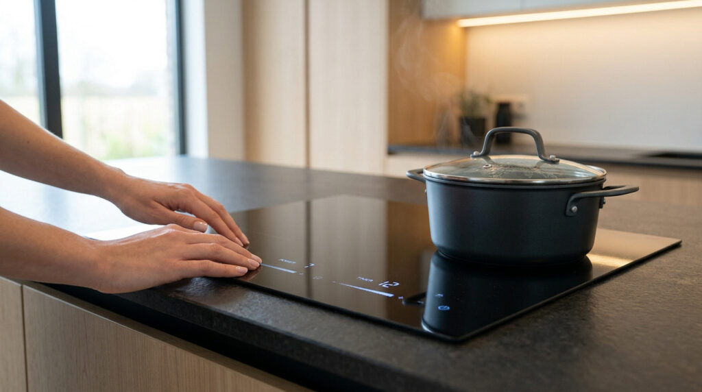 Main réglant la puissance d'une plaque à induction moderne avec une casserole fumante sur un plan de travail noir.