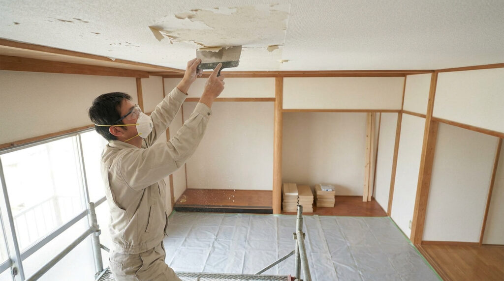 Un ouvrier en tenue de protection gratte le plâtre d'un plafond avec une spatule sur un échafaudage.