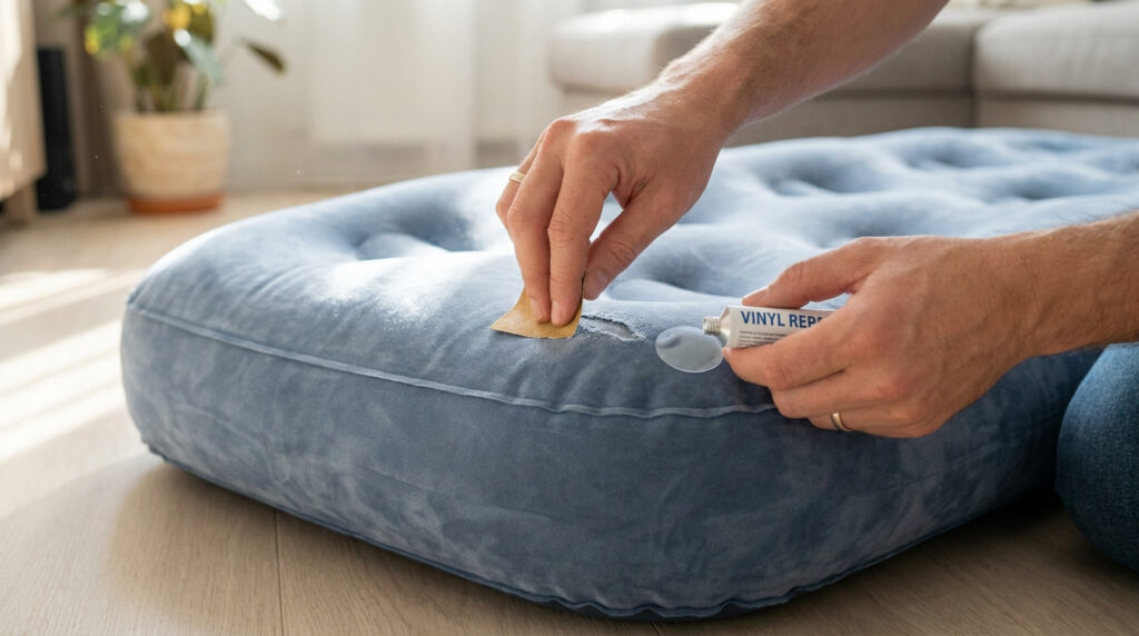 Gros plan sur les mains d'un homme réparant un trou dans un matelas gonflable bleu avec du papier abrasif et de la colle.
