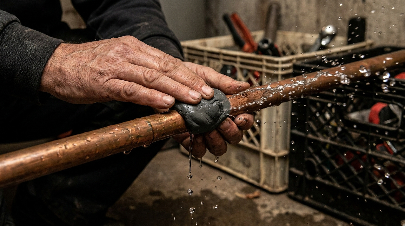 Un plombier applique du mastic d'étanchéité sur une fuite d'eau d'un tuyau en cuivre pour stopper l'écoulement.