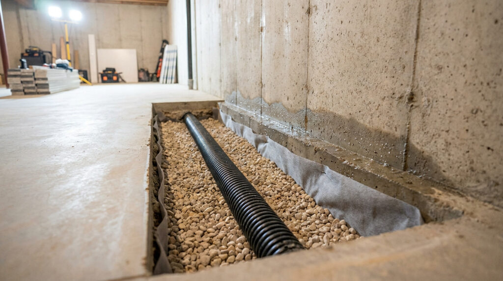 Tranchée dans un sous-sol en béton avec un drain noir posé sur du gravier pour l'évacuation de l'eau.