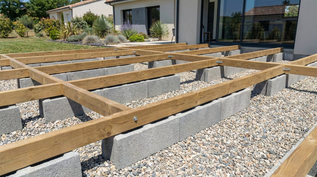 Structure en bois montée sur des parpaings posés sur un sol en graviers devant une maison moderne.