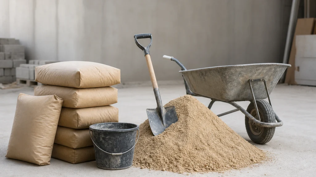 Illustration éditoriale pour l’article « Dosage ciment sable 1m3 : calculez vos sacs de chantier »